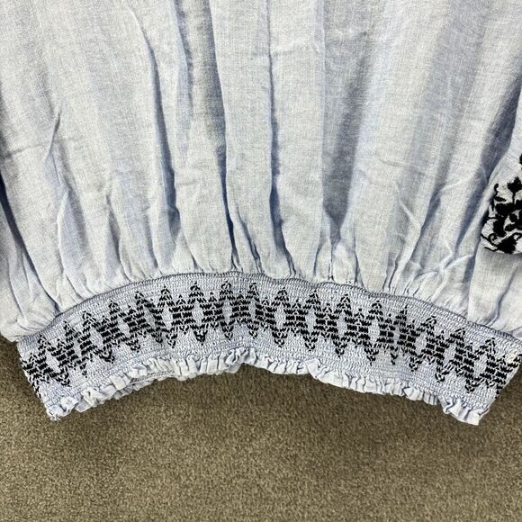 Gap Top women Medium Blue Puff Sleeves boat neck Floral embroidered Crop Blouse - Picture 5 of 14